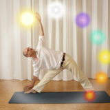 Chakra Yoga – Live Onlinekurs mit Krankenkassen-Bezuschussung. Steffen in Trikonasana mit Chakra-Illustration