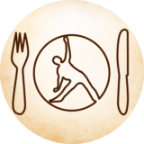 Mittagspausen-Yoga Weimar. Grafik / Logo mit Besteck und Asana